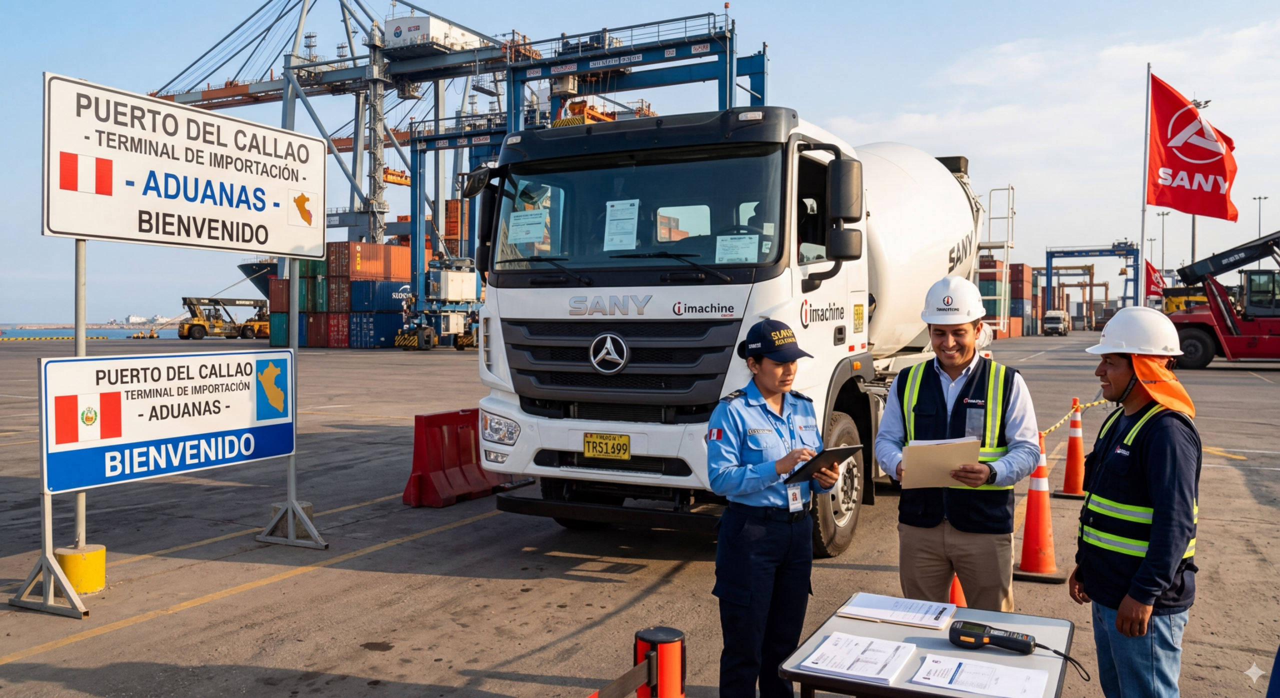 Camión mezclador de concreto SANY usado de 5 años superando la aduana en el Puerto del Callao, Lima, Perú - imachine.