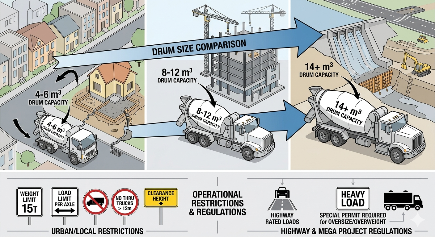 Comparison of Concrete Mixer Trucks with Different Capacities and Project Sizes