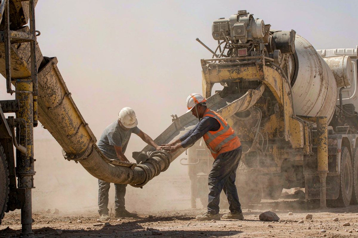 Crews handling a concrete delivery hose on a hot, dusty jobsite