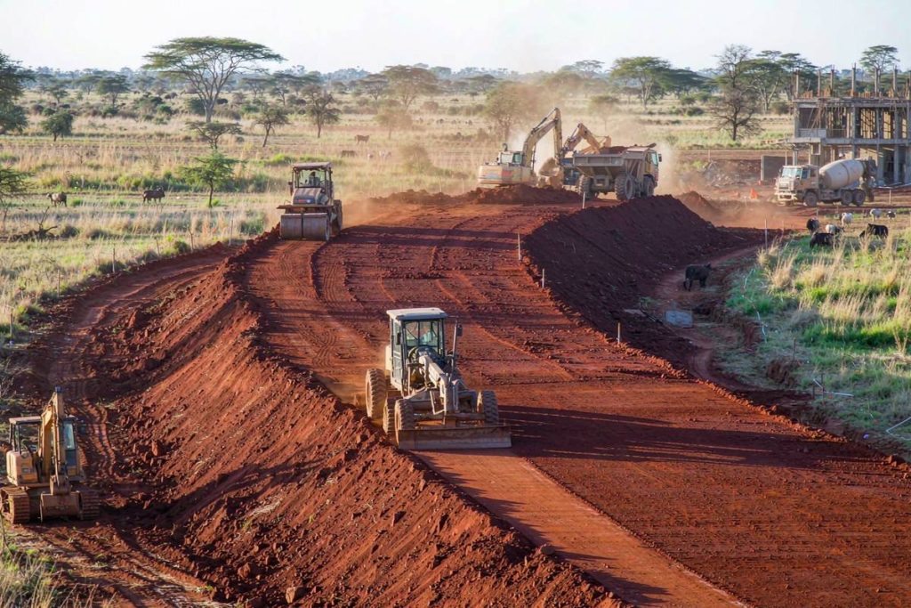 Rail earthworks for Kenya's SGR extension with grader, roller and excavators