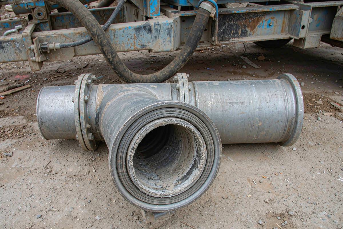 Worn delivery pipe sections and gaskets from a used concrete pump lying on the ground