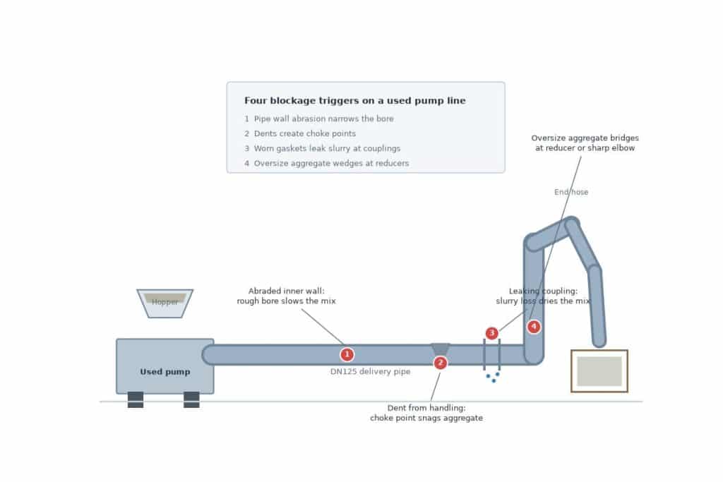 concrete pump delivery components and potential blockage points
