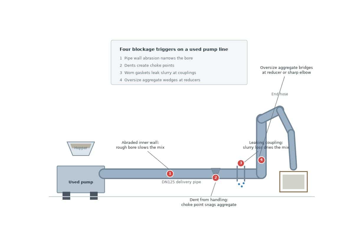concrete pump delivery components and potential blockage points