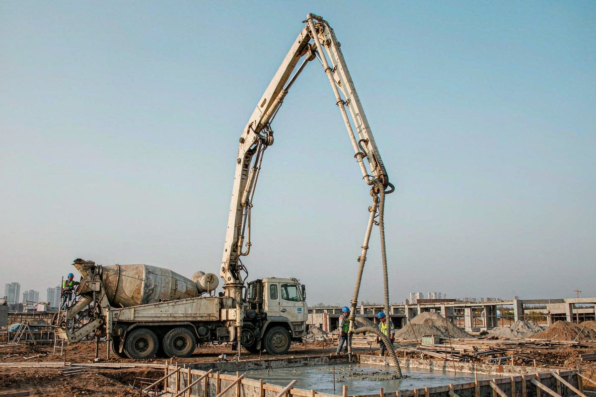 Used truck-mounted concrete boom pump pouring a concrete slab on site