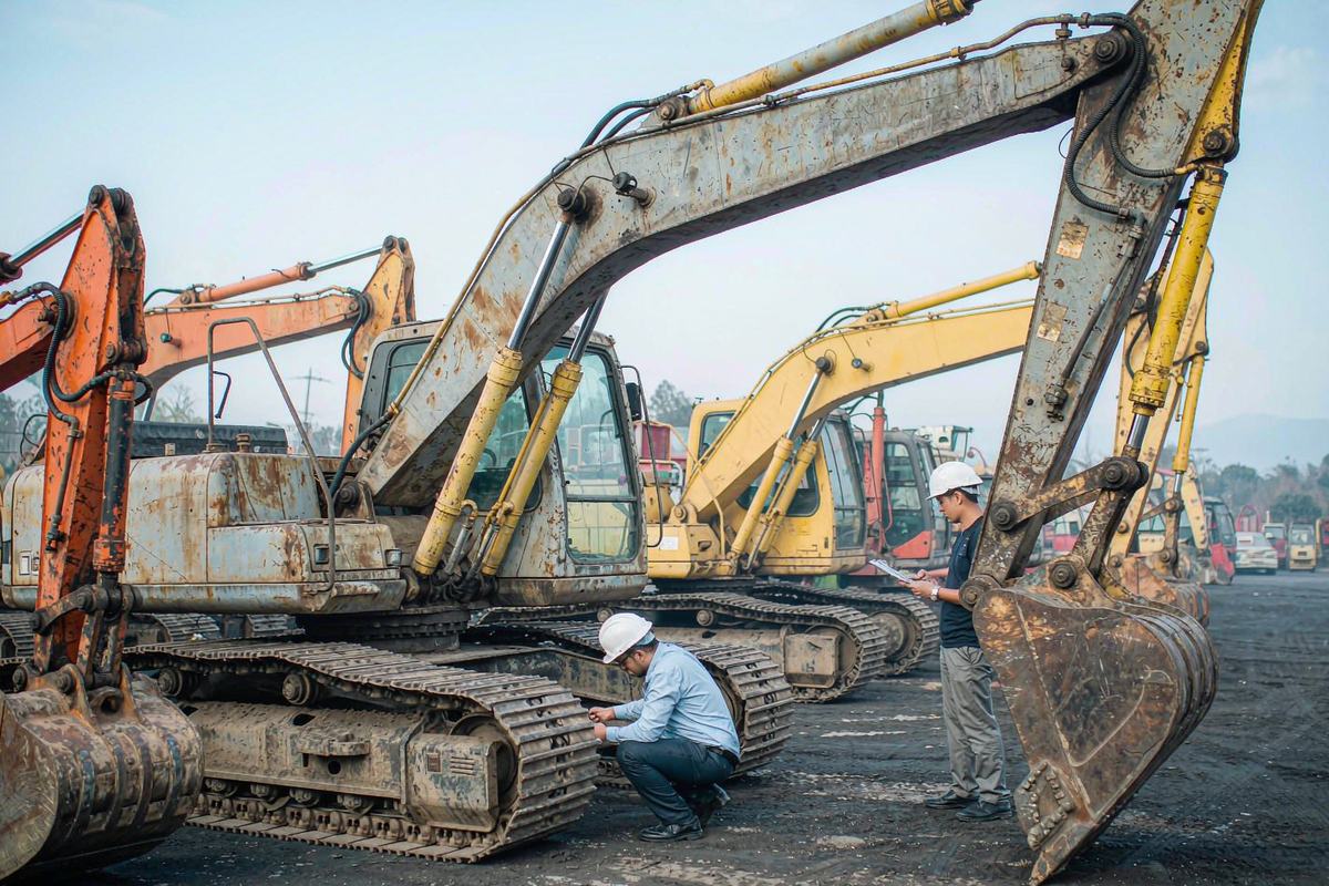 Buyer and technician inspecting a used excavator undercarriage before purchase